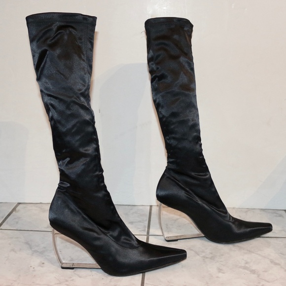 bebe Shoes - Bebe Black Satin Transparent Wedge Boot Trend Heel